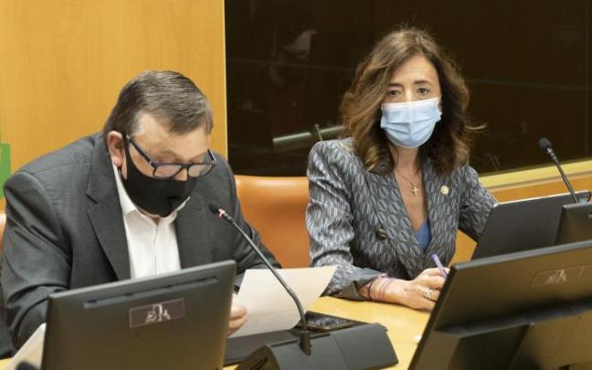 Olatz Garamendi, junto al viceconsejero de Régimen Jurídico, Sabino Torre, en el Parlamento vasco.
