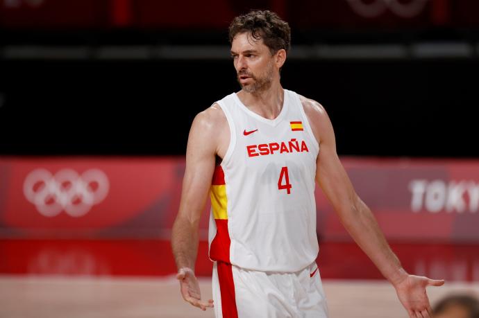 Gasol reacciona en el partido del Grupo C de baloncesto masculino entre España y Eslovenia.