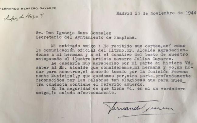 Carta del Ayuntamiento agradeciendo en 1944 la donación del busto