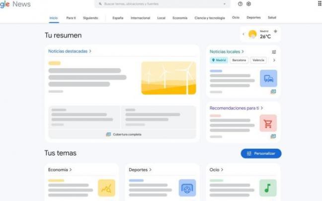Vista del nuevo Google News. Vista del nuevo Google News.