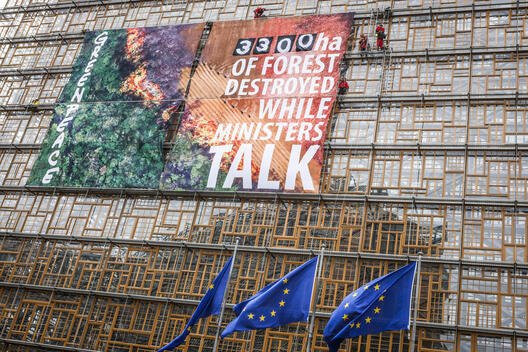 Cartel de Greenpeace en la sede del Consejo de la UE en Bruselas.