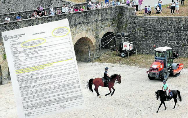 Dos jinetes trotan en los fosos de la Ciudadela, ayer, ante la atenta mirada del público y, sobre la imagen, el documento en el que Amaya Otamendi solicita al Ayuntamiento autorización para celebrar la hípica en la Ciudadela. Dos jinetes trotan en los fosos de la Ciudadela, ayer, ante la atenta mirada del público y, sobre la imagen, el documento en el que Amaya Otamendi solicita al Ayuntamiento autorización para celebrar la hípica en la Ciudadela.