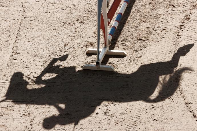 Sombra de un caballo mientras salta uno de los obstáculos colocados en la pista que se ha preparado en los fosos de la Ciudadela de Pamplona