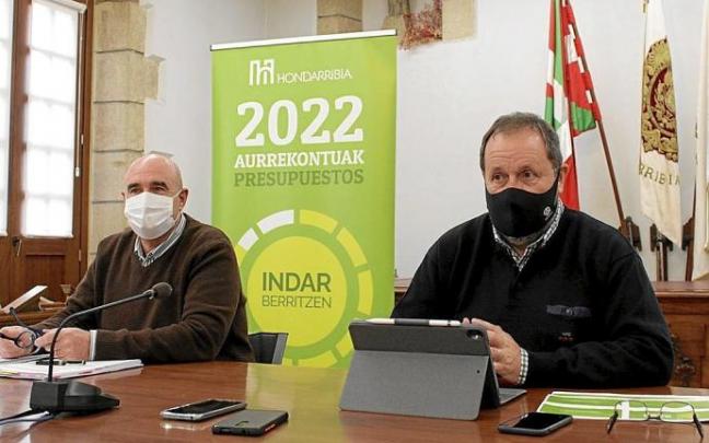 Juan Mari Altuna eta Txomin Sagarzazu, atzo, 2022ko aurrekontua aurkezten, udaletxean.