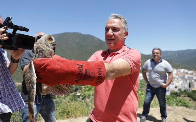 El consejero andaluz y dirigente estatal del PP, Elías Bendodo, ayer lunes en una suelta de aves.