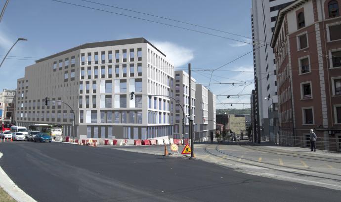 Recreación de la fachada sur del edificio y la esquina entre Montevideo y Gurtubay donde se aprecian las diferentes alturas del bloque.