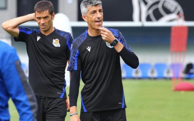 Imanol con Labaka, en un entrenamiento en Zubieta.