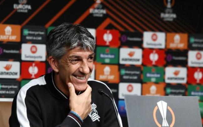 Imanol, durante su comparecencia de esta tarde en Anoeta. Imanol, durante su comparecencia de esta tarde en Anoeta.