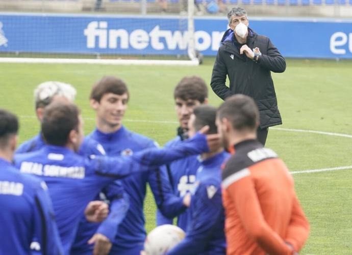 Imanol Alguacil, durante el entrenamiento de este viernes en Zubieta.