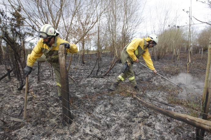 Dos bomberos apagan rescoldos en los restos del último gran incendio forestal ocurrido en Muskiz en marzo de 2019.