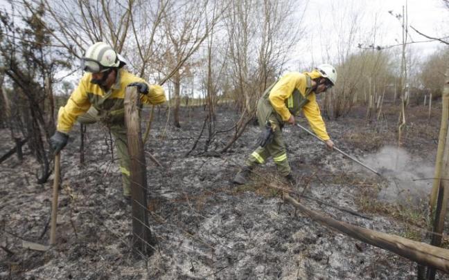 Dos bomberos apagan rescoldos en los restos del último gran incendio forestal ocurrido en Muskiz en marzo de 2019.