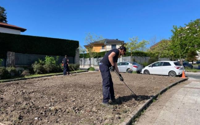 Inicio de los trabajos para plantar vides y rosales en el parterre de Portal de Castilla con Rosalía de Castro.