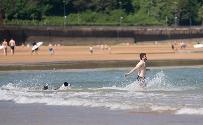 Una persona disfruta este martes de un baño en la playa de Zarautz junto a su perro