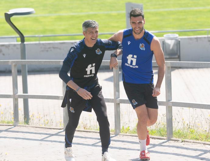 Imanol y Merino, durante el entrenamiento de este miércoles