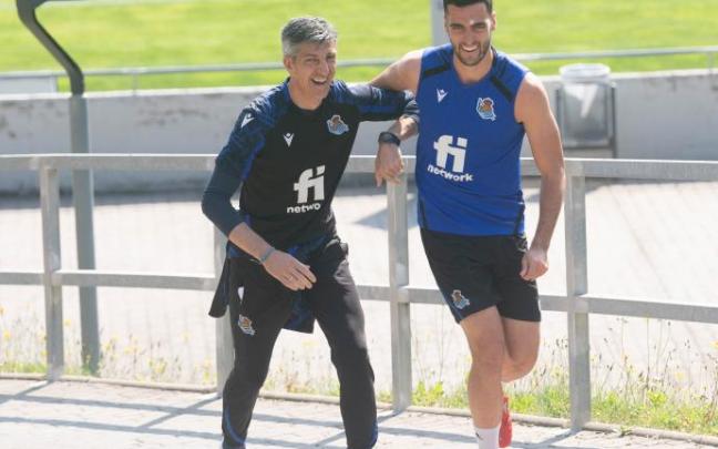 Imanol y Merino, durante el entrenamiento de este miércoles