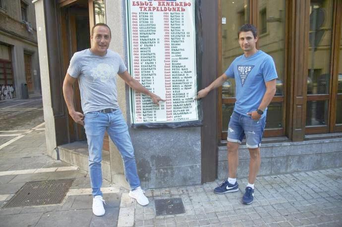 Irujo (i) y Retegi Bi, señalando al año 2014 en el cartel de campeones del Manomanista del bar Kantxa de Pamplona.