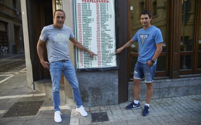 Irujo (i) y Retegi Bi, señalando al año 2014 en el cartel de campeones del Manomanista del bar Kantxa de Pamplona.