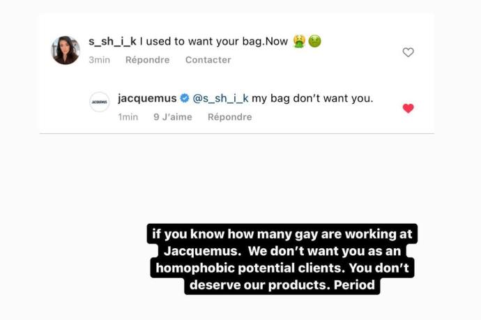El post de Jacquemus respondiendo a los comentarios homófobos.