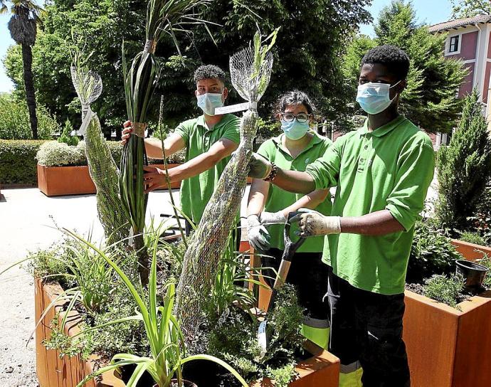 Daniel Ramírez, Marta Díaz y Mickael Durancio, junto a una jardinera que se trasladará a Carlos III.