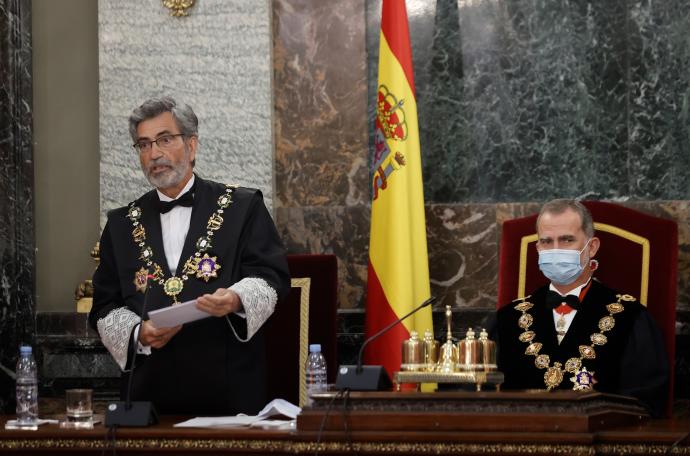 El presidente del Tribunal Supremo y del Consejo General del Poder Judicial, Carlos Lesmes, durante el acto de apertura del Año Judicial.