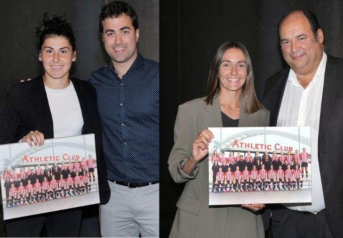 Fernando San José e Iker Goñi, miembros de la Comisión Gestora del Athletic, entregaron el sábado sendos recuerdos a Ainhoa Moraza y Lucía García, respectivamente