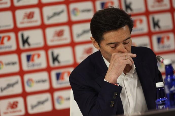 Marcelino, emocionado, en la rueda de prensa de despedida del Athletic