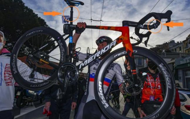 Mohoric y su bicicleta: marcados en naranja, la tija telescópica del sillín (izquierda) y el mando remoto en el manillar (derecha).