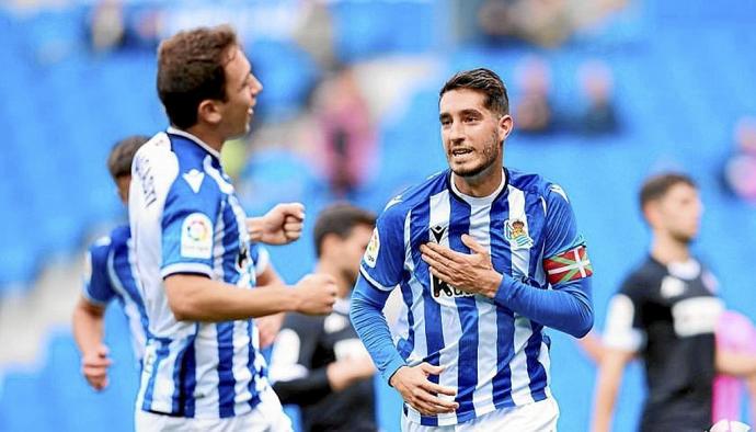 Roberto López celebra un gol de la última temporada, con el Sanse en Segunda División. Foto: LaLiga