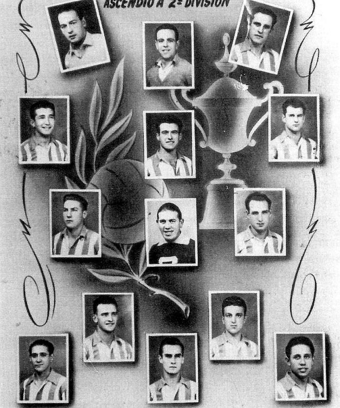 Plantilla de la temporada 1950-51, que ascendería a Segunda División. (De izda. a dcha. y de arriba abajo): Salazar, Calderón, 'Cabido', Berecibar, Erezuma, 'Corta' I, Barcina, Lorenzo Ausina (entrenador), Valle, 'Primi', Bardají, Antonio Echevarría, Féli