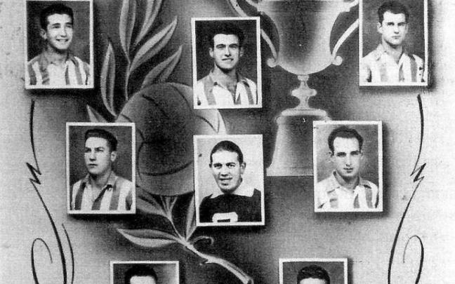 Plantilla de la temporada 1950-51, que ascendería a Segunda División. (De izda. a dcha. y de arriba abajo): Salazar, Calderón, 'Cabido', Berecibar, Erezuma, 'Corta' I, Barcina, Lorenzo Ausina (entrenador), Valle, 'Primi', Bardají, Antonio Echevarría, Féli