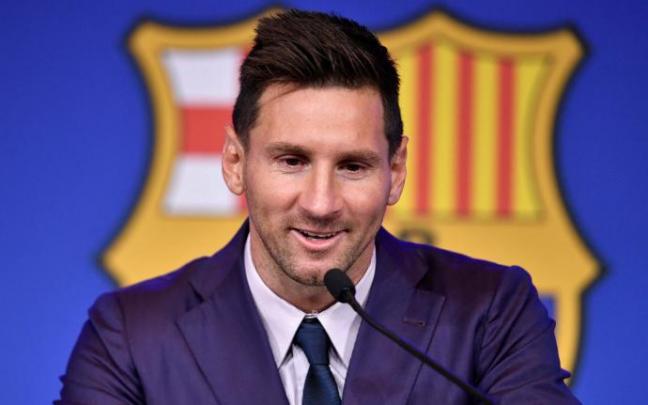 Messi en la rueda de prensa de su despedida del Barcelona.