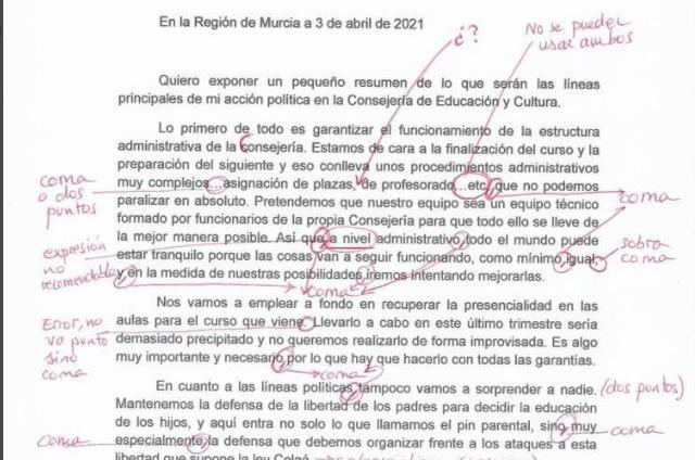 "Sentimos comunicarle que no aprueba": un grupo de docentes corrige las faltas de ortografía de la Consejera de Educación de Murcia