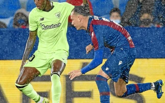 Nico Williams protege el balón ante Son en el partido entre el Levante y el Athletic. Foto: Athletic Club