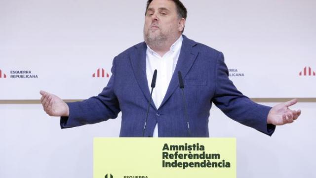 Oriol Junqueras, durante la rueda de prensa que ofreció ayer en Barcelona.