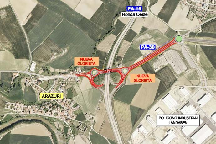 Plano de las obras para desdoblar la carretera entre Orkoien y Arazuri y mejorar su enlace con la Ronda Norte