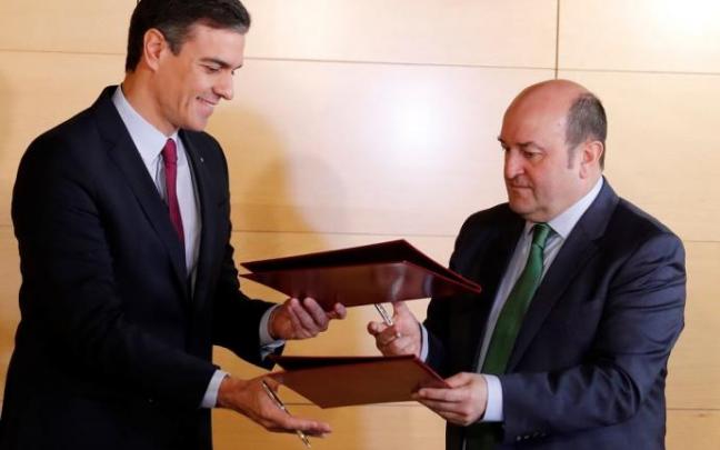El presidente del Gobierno español, Pedro Sánchez, con el líder del PNV, Andoni Ortuzar, en la firma del pacto de investidura El presidente del Gobierno español, Pedro Sánchez, con el líder del PNV, Andoni Ortuzar, en la firma del pacto de investidura