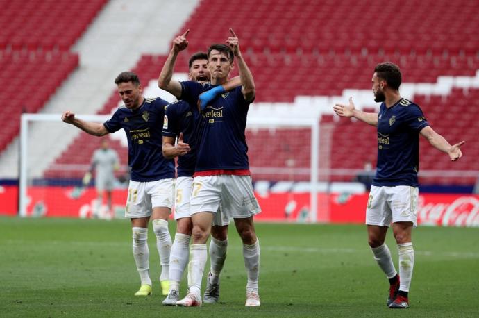 Barja, David García, Budimir y Torres, celebrando el gol en el Wanda.