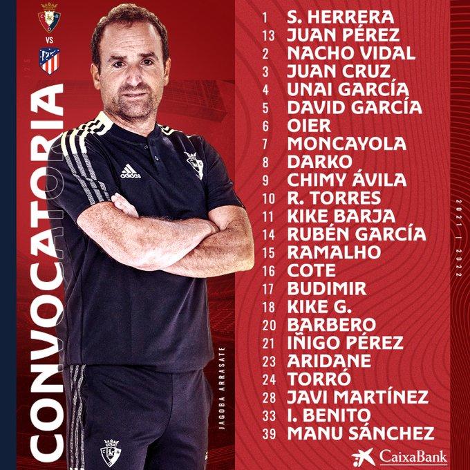 Convocatoria de Arrasate para el Osasuna-Atlético de Madrid.