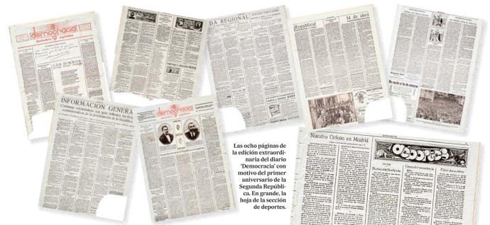 Las ocho páginas de la edición extraordinaria del diario 'Democracia' con motivo del primer aniversario de la Segunda República. En grande, la hoja de la sección de deportes.