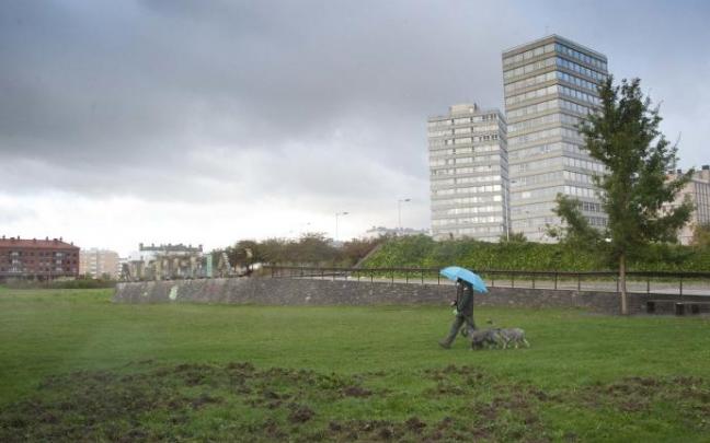 Una persona pasea con su perro por el parque de Salburua.