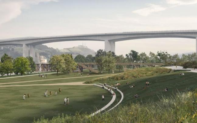 Infografía de cómo quedará el nuevo Parque de Ribera de Barakaldo por debajo del puente de Rontegi y que será más grande que Abandoibarra