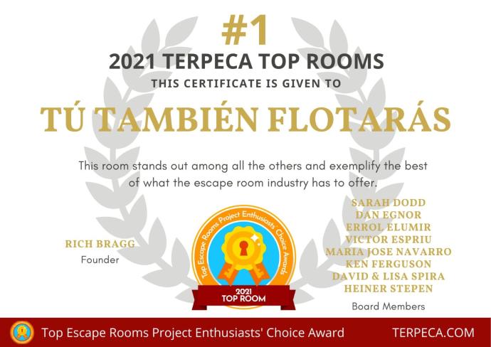 Premio Terpeca a la mejor sala de escape del mundo a la sala 'Tú también flotarás'.