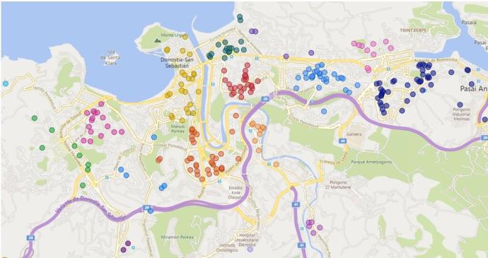 Mapa de las viviendas adscritas en Alokabide, que están repartidas por toda la ciudad.