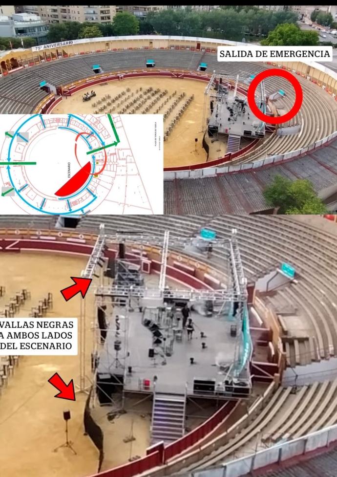 Aspecto de la plaza de toros con el escenario y el plan de seguridad