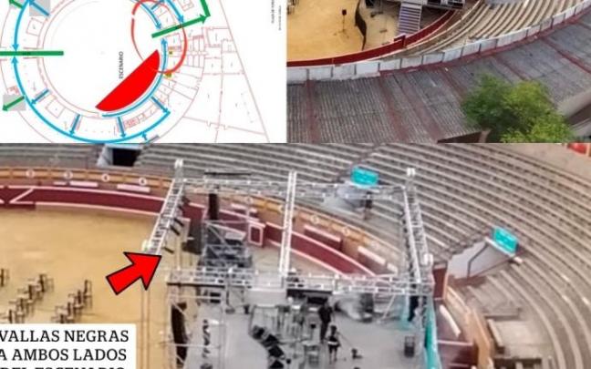Aspecto de la plaza de toros con el escenario y el plan de seguridad Aspecto de la plaza de toros con el escenario y el plan de seguridad
