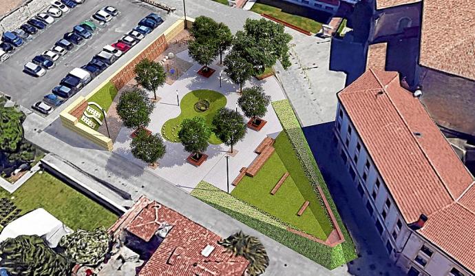 La fisonomía de la plaza Villa Suso y Etxanobe va a cambiar con un muro de separación respecto a la zona de estacionamiento, una ladera vegetal orientada hacia los Montes de Vitoria con función de balcón y, en el centro, un jardín, rodeado de rampas. Tamb