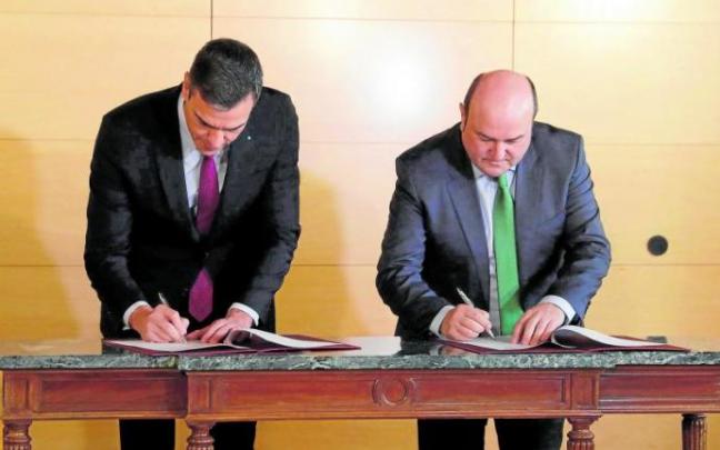 Pedro Sánchez, y el presidente de la Ejecutiva del PNV, Andoni Ortuzar, durante la firma del acuerdo de investidura. Foto: Efe Pedro Sánchez, y el presidente de la Ejecutiva del PNV, Andoni Ortuzar, durante la firma del acuerdo de investidura. Foto: Efe