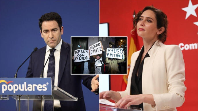 Teodoro García Egea, Isabel Díaz Ayuso, y manifestantes ayer en la sede del PP.