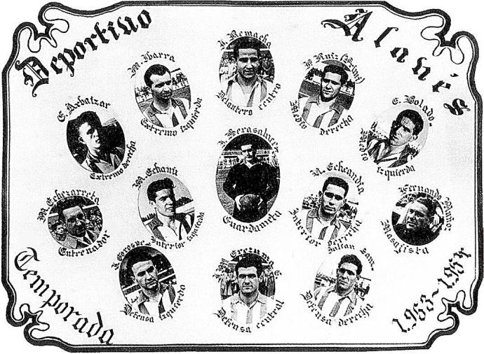 Fotocomposición del equipo del Deportivo Alavés de la temporada 1953-54 que ascendió a Primera División. Fila de arriba (izda. a dcha.): Arbaizar, Ibarra, Remacha, 'Primi' y Bolado. Fila central (izda. a dcha.): Manolo Etxezarreta (entrenador), Etxaniz, B