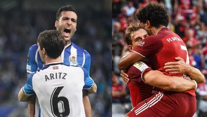 Los jugadores de la Real y del Bayern celebran un gol de sus partidos de la semana pasada.